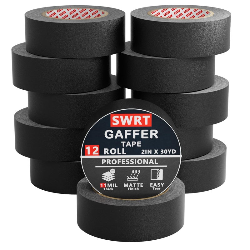 SWRT 12 Pack Gaffers Tape, 11 Mil Industrial Grade Gaffer Tape, 2’’ x 30 Yards, Strong Adhesion, Easily Remove No Residue, Professional Matte Finish No Reflection, Black, 360 Yards in Total - Image 1